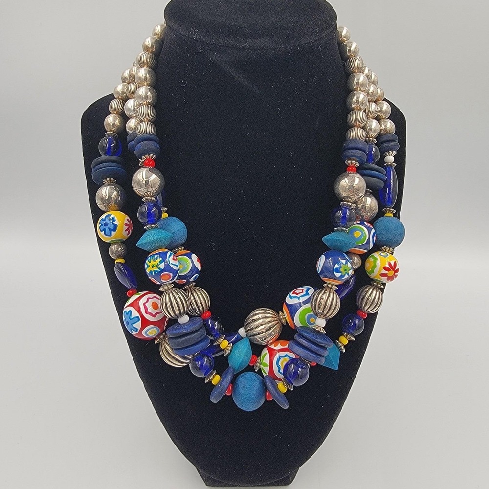 Vtg 80s Boho Multi-Strand Wood Ceramic Beaded Necklace Chunky Blu Red Yel Tribal
